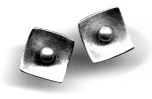 JESTER $95-sterling silver earrings of concave squares with mizzy texture and lightly brushed spheres (1/2" post earrings)